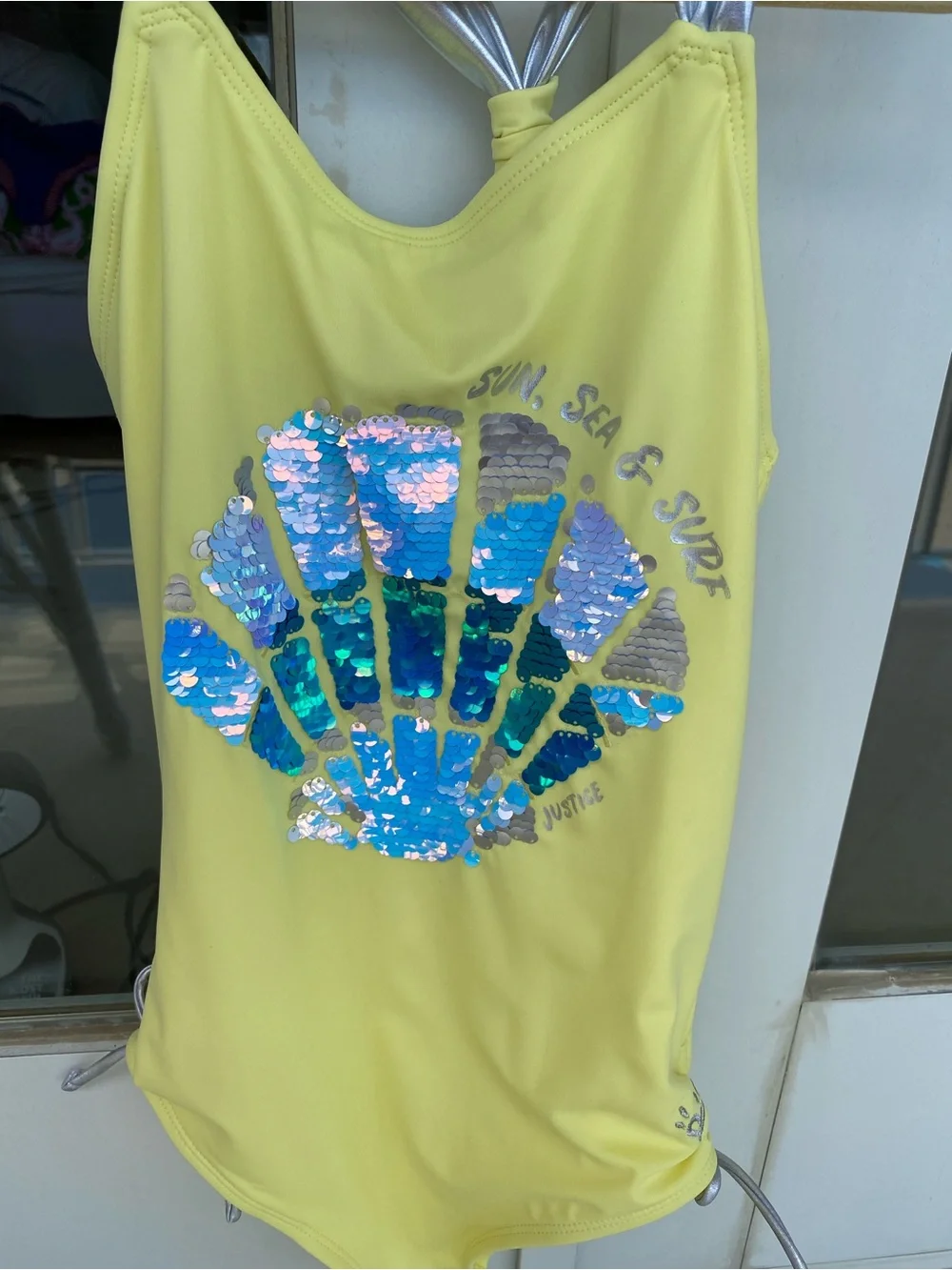 Justice Girls Yellow One-Piece Swimsuit with Silver Shell Accent